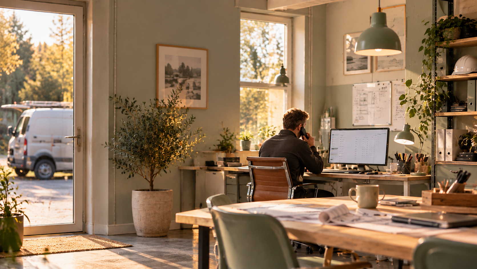 En solbelyst nordisk studioverkstad där en hantverkare arbetar vid sitt skrivbord.